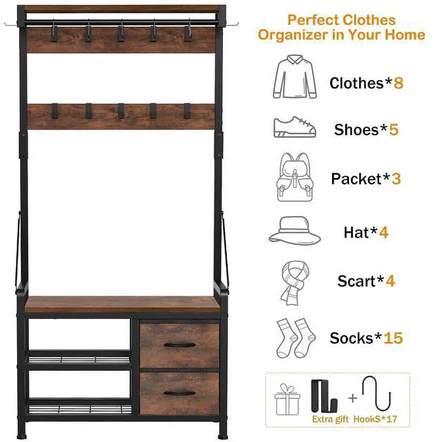 Alt view image 4 of 7 - Hall Tree, 31.5 Entryway Bench with Coat Rack freestanding, 5 in 1 Intelligent Design Shoe Bench and Wall Rack 17 Hooks and Drawers (Rustic Brown)