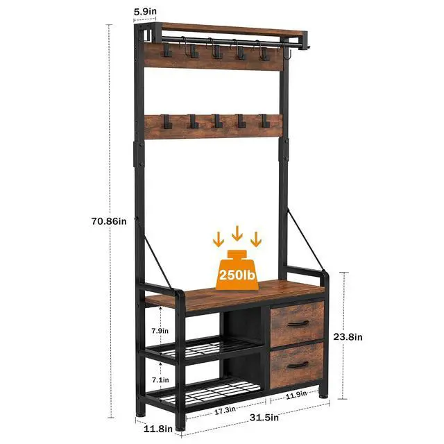 Alt view image 5 of 7 - Hall Tree, 31.5 Entryway Bench with Coat Rack freestanding, 5 in 1 Intelligent Design Shoe Bench and Wall Rack 17 Hooks and Drawers (Rustic Brown)