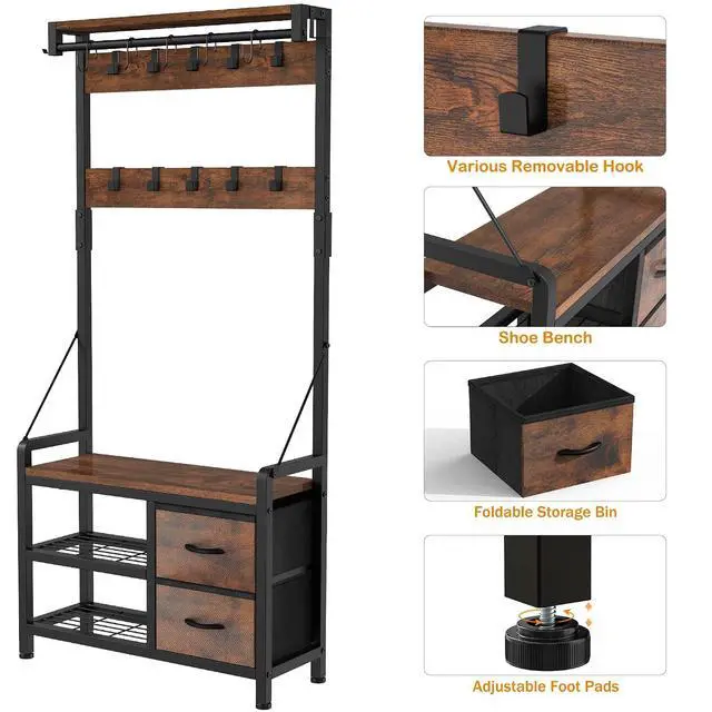 Alt view image 6 of 7 - Hall Tree, 31.5 Entryway Bench with Coat Rack freestanding, 5 in 1 Intelligent Design Shoe Bench and Wall Rack 17 Hooks and Drawers (Rustic Brown)