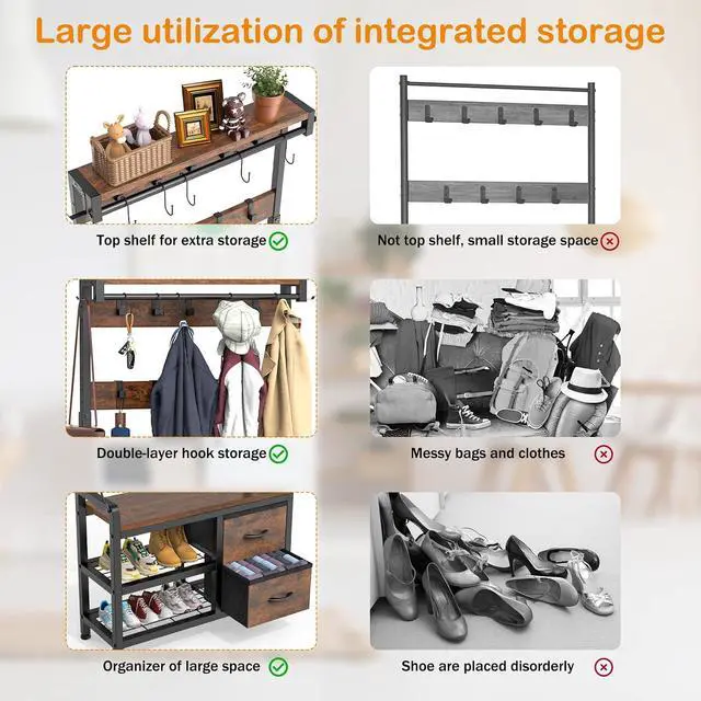 Alt view image 7 of 7 - Hall Tree, 31.5 Entryway Bench with Coat Rack freestanding, 5 in 1 Intelligent Design Shoe Bench and Wall Rack 17 Hooks and Drawers (Rustic Brown)