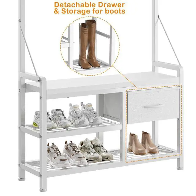 Alt view image 3 of 7 - Hall Tree, 31.5 Entryway Bench with Coat Rack freestanding, 5 in 1 Intelligent Design Shoe Bench and Wall Rack 17 Hooks and Drawers (White)