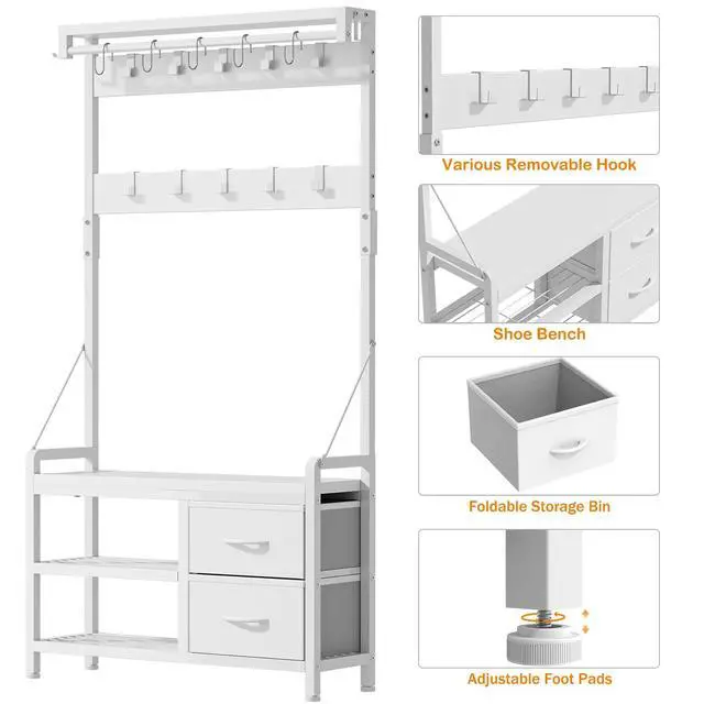 Alt view image 5 of 7 - Hall Tree, 31.5 Entryway Bench with Coat Rack freestanding, 5 in 1 Intelligent Design Shoe Bench and Wall Rack 17 Hooks and Drawers (White)