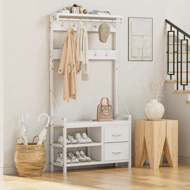 Alt view image 2 of 7 - Hall Tree, 31.5 Entryway Bench with Coat Rack freestanding, 5 in 1 Intelligent Design Shoe Bench and Wall Rack 17 Hooks and Drawers (White)