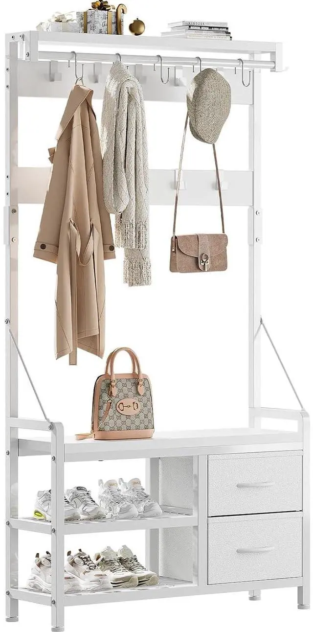 Main image of Hall Tree, 31.5 Entryway Bench with Coat Rack freestanding, 5 in 1 Intelligent Design Shoe Bench and Wall Rack 17 Hooks and Drawers (White)