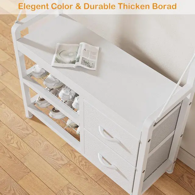 Alt view image 7 of 7 - Hall Tree, 31.5 Entryway Bench with Coat Rack freestanding, 5 in 1 Intelligent Design Shoe Bench and Wall Rack 17 Hooks and Drawers (White)