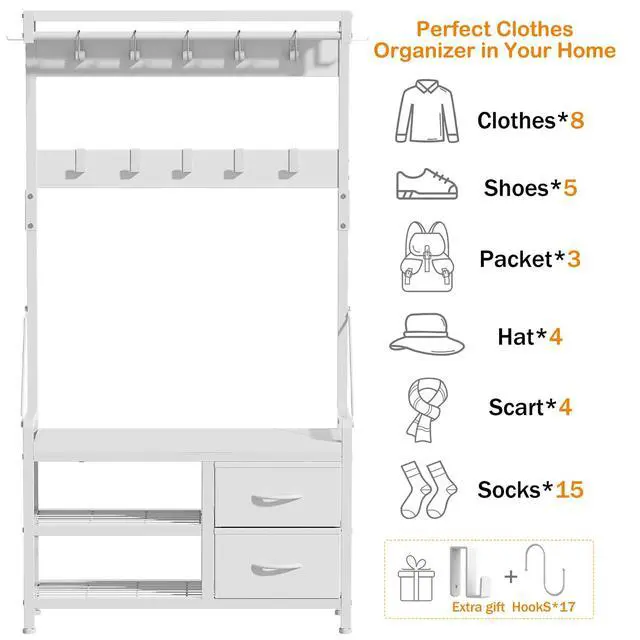 Alt view image 4 of 7 - Hall Tree, 31.5 Entryway Bench with Coat Rack freestanding, 5 in 1 Intelligent Design Shoe Bench and Wall Rack 17 Hooks and Drawers (White)