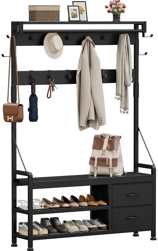 Main image of Hall Tree with Bench and Shoe Storage, 39.4 Entryway Bench with Coat Rack freestanding, 5 in 1 Entryway Furniture Organizer Large Coat and Shoe Rack with 21 Hooks and Drawers, Black