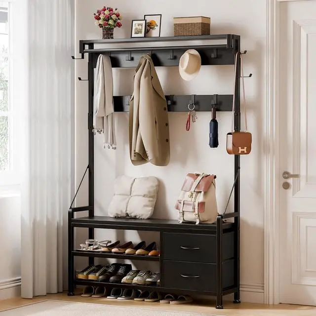 Alt view image 2 of 7 - Hall Tree with Bench and Shoe Storage, 39.4 Entryway Bench with Coat Rack freestanding, 5 in 1 Entryway Furniture Organizer Large Coat and Shoe Rack with 21 Hooks and Drawers, Black