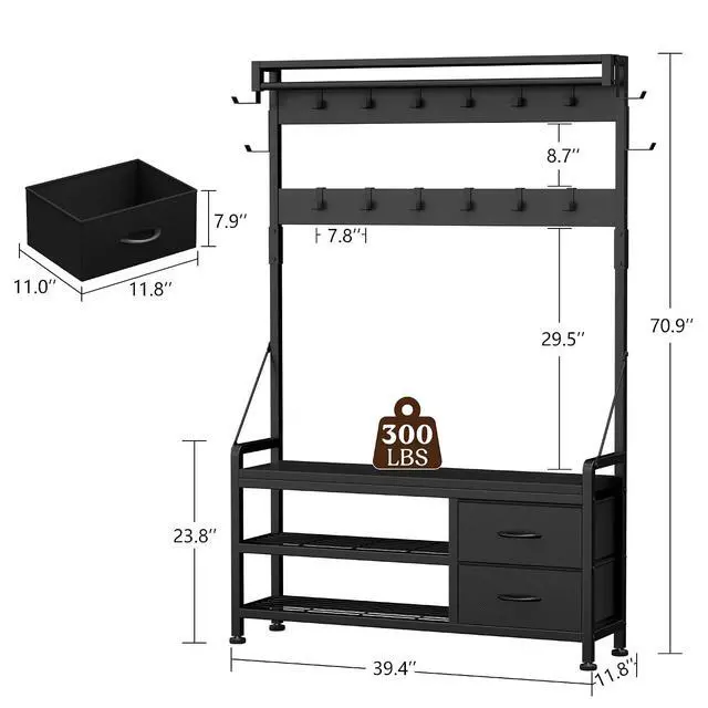Alt view image 5 of 7 - Hall Tree with Bench and Shoe Storage, 39.4 Entryway Bench with Coat Rack freestanding, 5 in 1 Entryway Furniture Organizer Large Coat and Shoe Rack with 21 Hooks and Drawers, Black