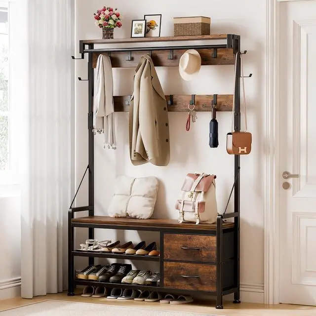 Alt view image 2 of 7 - Hall Tree with Bench and Shoe Storage, 39.4 Entryway Bench with Coat Rack freestanding, 5 in 1 Entryway Furniture Organizer Large Coat and Shoe Rack with 21 Hooks and Drawers, Rustic Brown