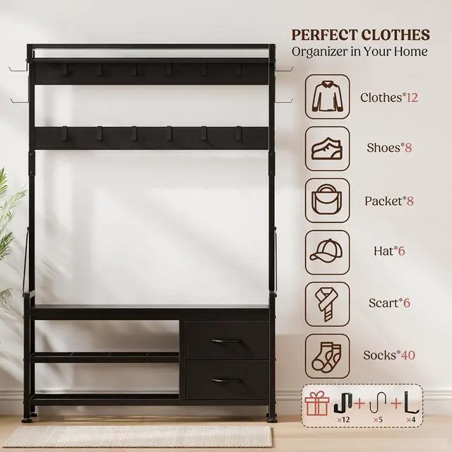 Alt view image 3 of 7 - Hall Tree with Bench and Shoe Storage, 39.4 Entryway Bench with Coat Rack freestanding, 5 in 1 Entryway Furniture Organizer Large Coat and Shoe Rack with 21 Hooks and Drawers, Black