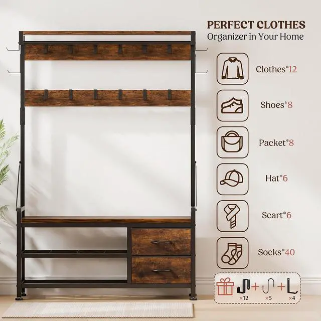 Alt view image 3 of 7 - Hall Tree with Bench and Shoe Storage, 39.4 Entryway Bench with Coat Rack freestanding, 5 in 1 Entryway Furniture Organizer Large Coat and Shoe Rack with 21 Hooks and Drawers, Rustic Brown