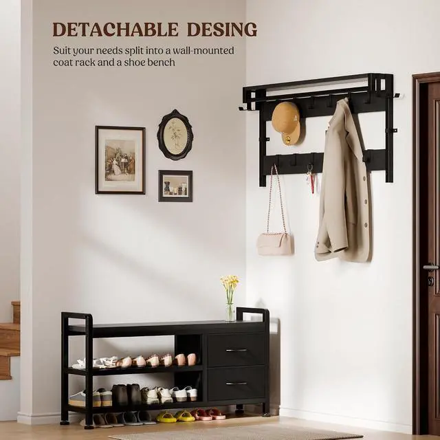 Alt view image 6 of 7 - Hall Tree with Bench and Shoe Storage, 39.4 Entryway Bench with Coat Rack freestanding, 5 in 1 Entryway Furniture Organizer Large Coat and Shoe Rack with 21 Hooks and Drawers, Black