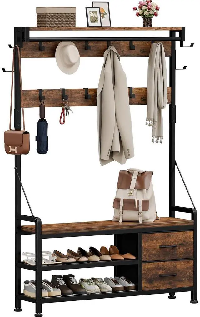 Main image of Hall Tree with Bench and Shoe Storage, 39.4 Entryway Bench with Coat Rack freestanding, 5 in 1 Entryway Furniture Organizer Large Coat and Shoe Rack with 21 Hooks and Drawers, Rustic Brown