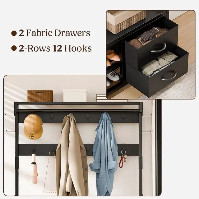 Alt view image 7 of 7 - Hall Tree with Bench and Shoe Storage, 39.4 Entryway Bench with Coat Rack freestanding, 5 in 1 Entryway Furniture Organizer Large Coat and Shoe Rack with 21 Hooks and Drawers, Black