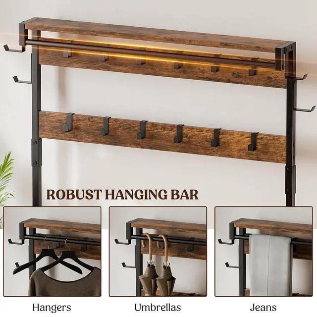 Alt view image 4 of 7 - Hall Tree with Bench and Shoe Storage, 39.4 Entryway Bench with Coat Rack freestanding, 5 in 1 Entryway Furniture Organizer Large Coat and Shoe Rack with 21 Hooks and Drawers, Rustic Brown