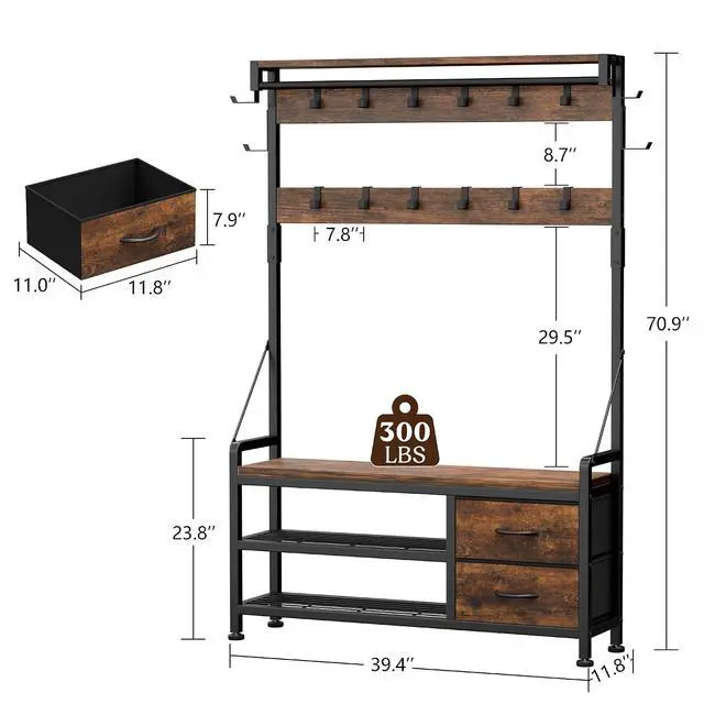 Alt view image 5 of 7 - Hall Tree with Bench and Shoe Storage, 39.4 Entryway Bench with Coat Rack freestanding, 5 in 1 Entryway Furniture Organizer Large Coat and Shoe Rack with 21 Hooks and Drawers, Rustic Brown