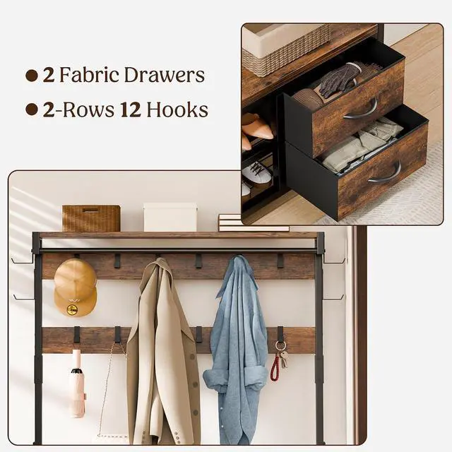Alt view image 7 of 7 - Hall Tree with Bench and Shoe Storage, 39.4 Entryway Bench with Coat Rack freestanding, 5 in 1 Entryway Furniture Organizer Large Coat and Shoe Rack with 21 Hooks and Drawers, Rustic Brown