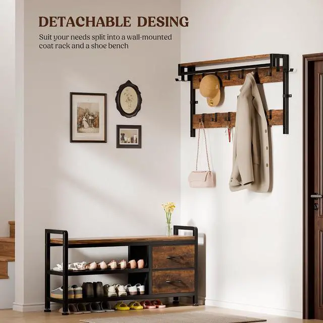 Alt view image 6 of 7 - Hall Tree with Bench and Shoe Storage, 39.4 Entryway Bench with Coat Rack freestanding, 5 in 1 Entryway Furniture Organizer Large Coat and Shoe Rack with 21 Hooks and Drawers, Rustic Brown