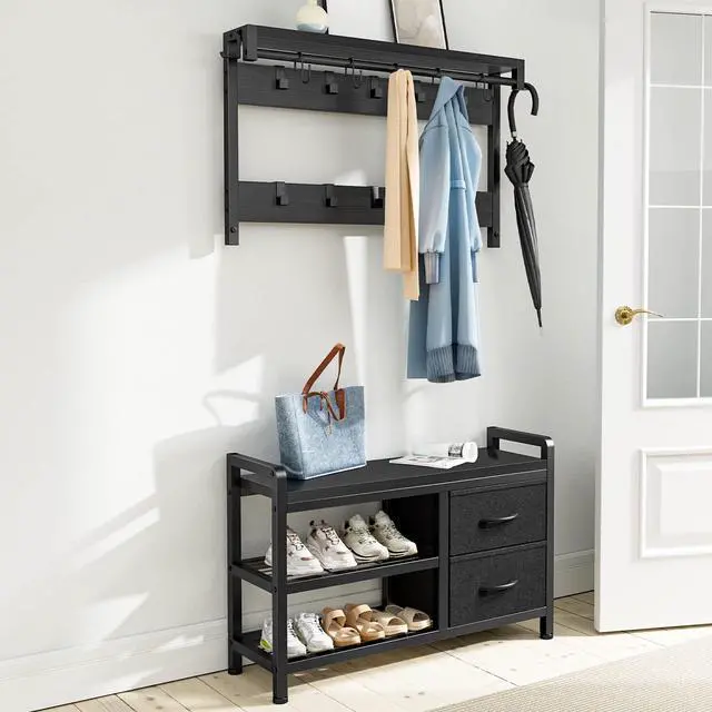 Alt view image 2 of 7 - Hall Tree, 31.5 Entryway Bench with Coat Rack freestanding, 5 in 1 Intelligent Design Shoe Bench and Wall Rack 17 Hooks and Drawers (Black)