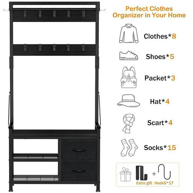 Alt view image 4 of 7 - Hall Tree, 31.5 Entryway Bench with Coat Rack freestanding, 5 in 1 Intelligent Design Shoe Bench and Wall Rack 17 Hooks and Drawers (Black)