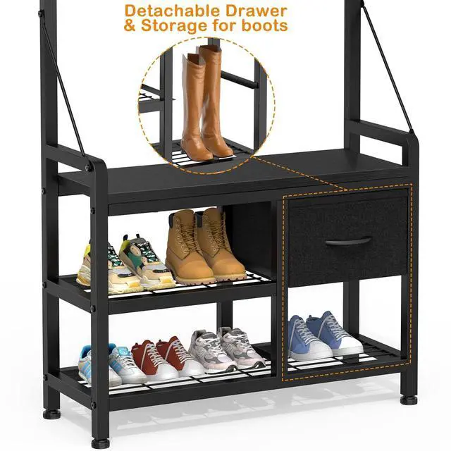 Alt view image 3 of 7 - Hall Tree, 31.5 Entryway Bench with Coat Rack freestanding, 5 in 1 Intelligent Design Shoe Bench and Wall Rack 17 Hooks and Drawers (Black)
