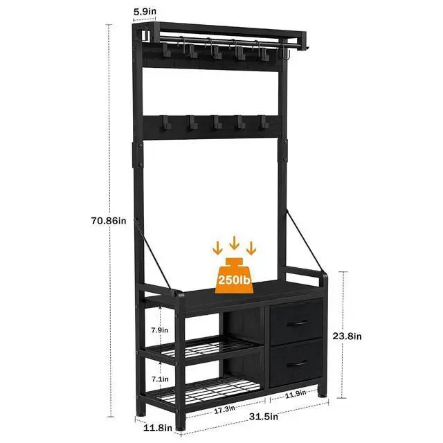 Alt view image 6 of 7 - Hall Tree, 31.5 Entryway Bench with Coat Rack freestanding, 5 in 1 Intelligent Design Shoe Bench and Wall Rack 17 Hooks and Drawers (Black)