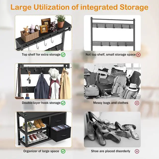 Alt view image 7 of 7 - Hall Tree, 31.5 Entryway Bench with Coat Rack freestanding, 5 in 1 Intelligent Design Shoe Bench and Wall Rack 17 Hooks and Drawers (Black)