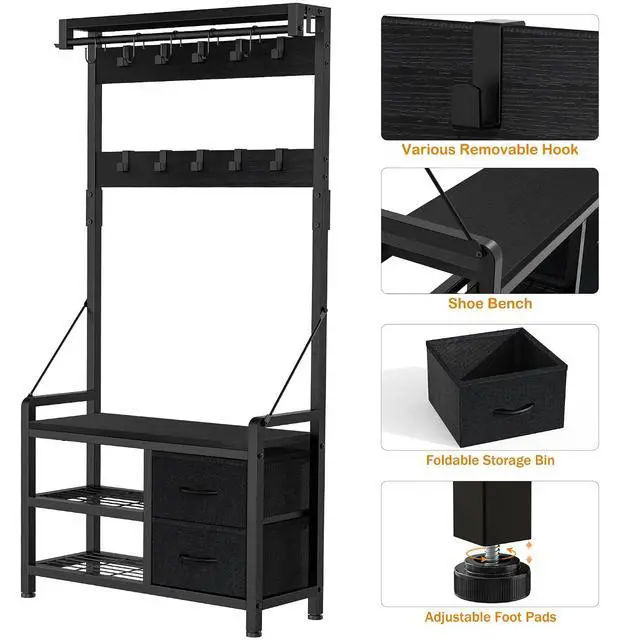 Alt view image 5 of 7 - Hall Tree, 31.5 Entryway Bench with Coat Rack freestanding, 5 in 1 Intelligent Design Shoe Bench and Wall Rack 17 Hooks and Drawers (Black)