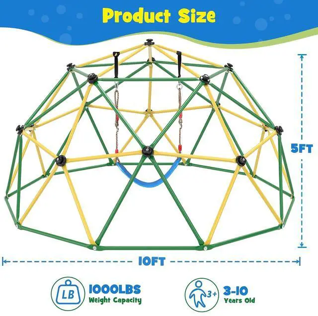 Alt view image 2 of 7 - Climbing Dome with Hammock and Swing, 10FT Backyard Jungle Gym | 10FT dome with hammock and swing creates climbing, lounging, and swinging zones for 5-6 kids in larger yards.
