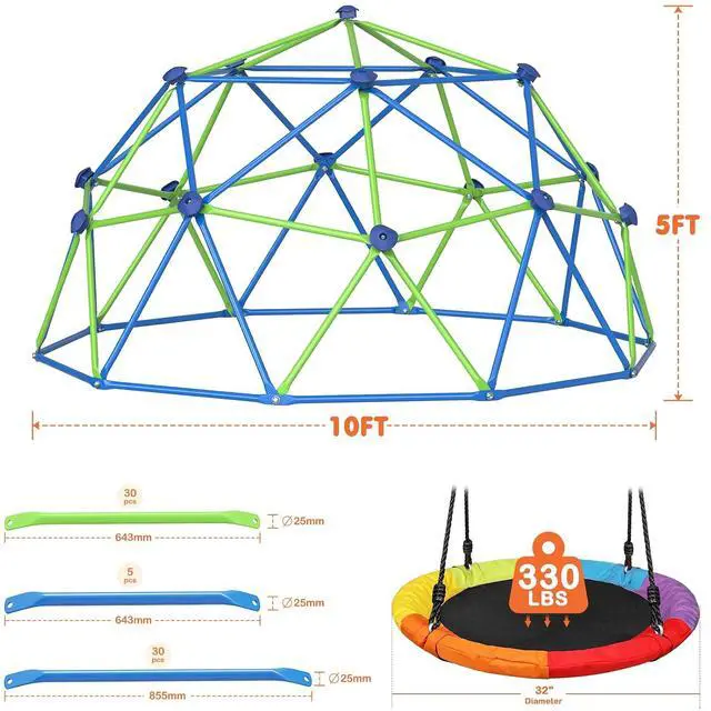Alt view image 2 of 6 - Climbing Dome with Saucer Swing, 10FT Jungle Gym, 800 lb Capacity | Premium 10FT dome with 32" Teslin saucer swing, 0.86" galvanized steel, 5FT height, and 800 lb total capacity.