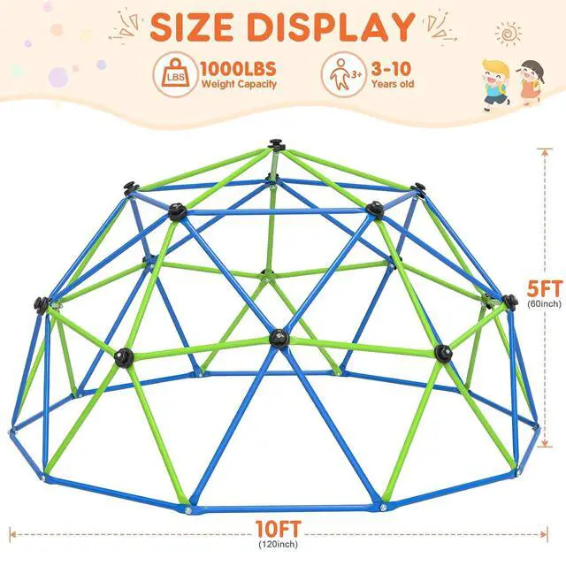 Alt view image 2 of 7 - Climbing Dome for Kids, 10FT Geometric Dome Climber, Frog Grips | Spacious 10FT geometric frame with colorful frog grips supports group climbing and screen-free backyard activity.
