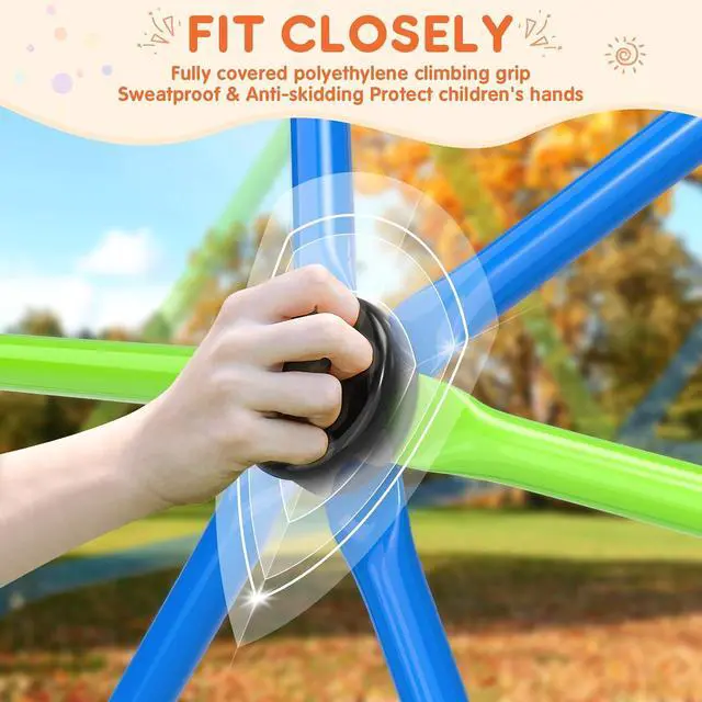 Alt view image 4 of 7 - Climbing Dome for Kids, 10FT Geometric Dome Climber, Frog Grips | Spacious 10FT geometric frame with colorful frog grips supports group climbing and screen-free backyard activity.