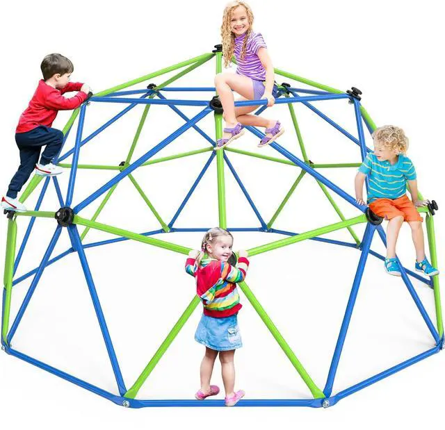 Main image of Climbing Dome for Kids, 10FT Geometric Dome Climber, Frog Grips | Spacious 10FT geometric frame with colorful frog grips supports group climbing and screen-free backyard activity.