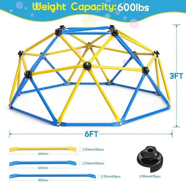Alt view image 3 of 6 - Climbing Dome for Kids, 6FT Geometric Climber, 600 lb Capacity | Compact 6FT diameter and 3FT height fit small yards; reinforced center pole supports preschool climbing confidence.