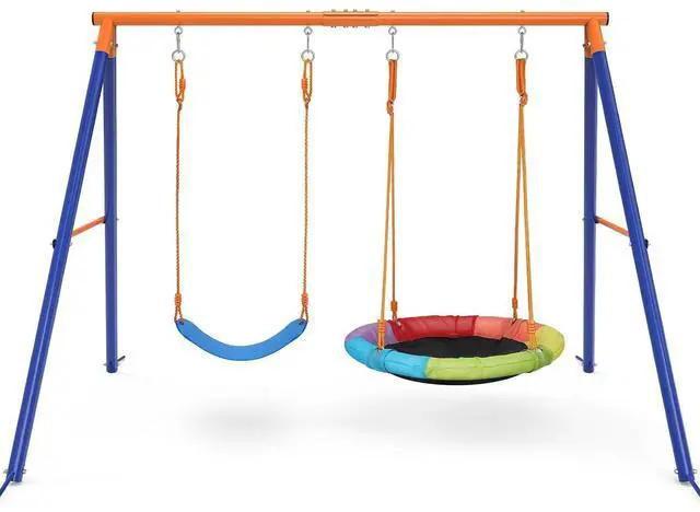 Main image of Swing Set for Backyard, 32" Saucer and Belt Seat, 440 lb Frame | 2 swing styles in one frame: 32" saucer for sharing and 26.2" belt seat for classic swinging, built for sibling play.