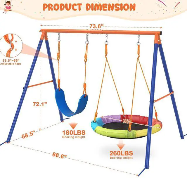 Alt view image 3 of 7 - Swing Set for Backyard, 32" Saucer and Belt Seat, 440 lb Frame | 2 swing styles in one frame: 32" saucer for sharing and 26.2" belt seat for classic swinging, built for sibling play.