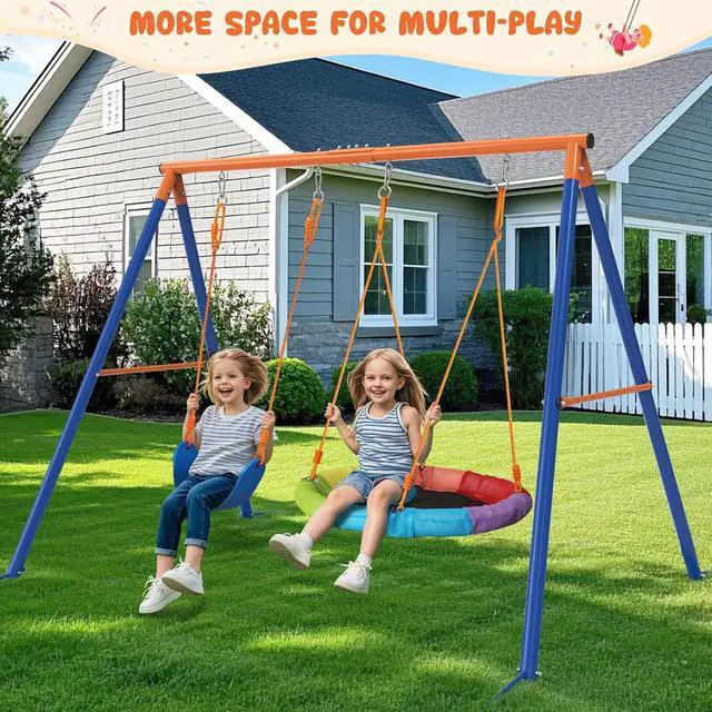Alt view image 2 of 7 - Swing Set for Backyard, 32" Saucer and Belt Seat, 440 lb Frame | 2 swing styles in one frame: 32" saucer for sharing and 26.2" belt seat for classic swinging, built for sibling play.