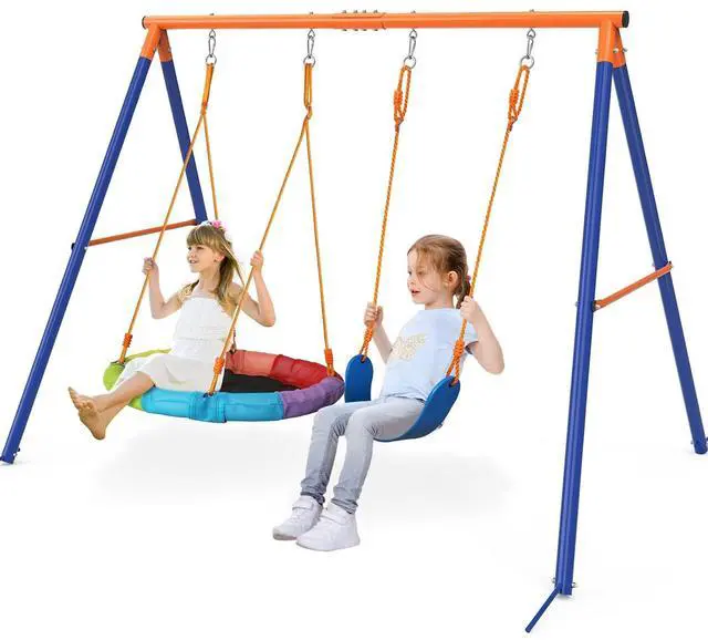 Alt view image 7 of 7 - Swing Set for Backyard, 32" Saucer and Belt Seat, 440 lb Frame | 2 swing styles in one frame: 32" saucer for sharing and 26.2" belt seat for classic swinging, built for sibling play.