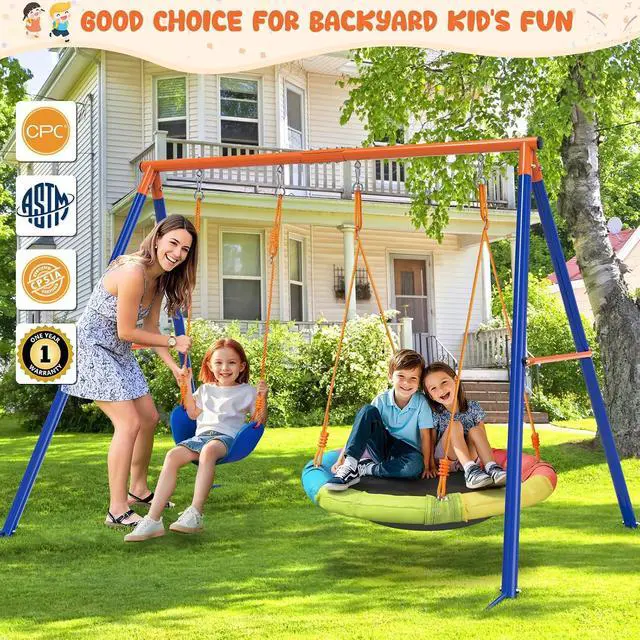 Alt view image 6 of 7 - Swing Set for Backyard, 32" Saucer and Belt Seat, 440 lb Frame | 2 swing styles in one frame: 32" saucer for sharing and 26.2" belt seat for classic swinging, built for sibling play.
