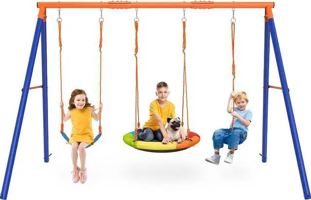Main image of Swing Sets for Backyard, 3 Seats with Saucer, Belt and Disc Swing | 3 stations for larger families: 32" saucer, 26" belt seat, tree disc swing, 124.4" width, galvanized steel.