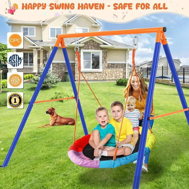 Alt view image 7 of 7 - Swing Sets for Backyard, 40" Saucer Swing, 440 lb A-Frame Stand | 40" round seat, 2" galvanized steel frame, adjustable ropes, CPC-tested build, and 71.6" height for family backyard play.