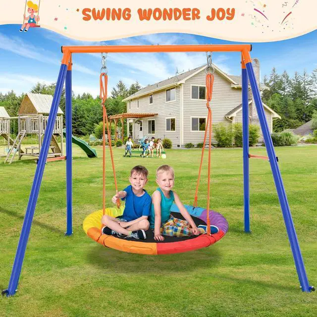 Alt view image 6 of 7 - Swing Sets for Backyard, 40" Saucer Swing, 440 lb A-Frame Stand | 40" round seat, 2" galvanized steel frame, adjustable ropes, CPC-tested build, and 71.6" height for family backyard play.