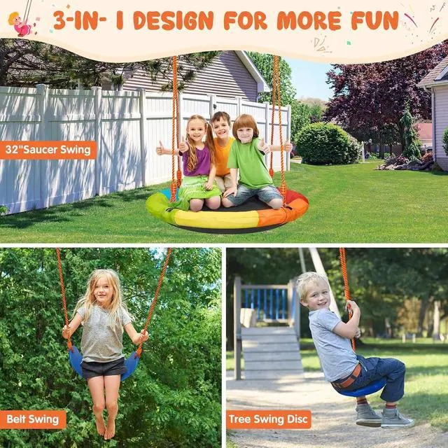Alt view image 3 of 7 - Swing Sets for Backyard, 3 Seats with Saucer, Belt and Disc Swing | 3 stations for larger families: 32" saucer, 26" belt seat, tree disc swing, 124.4" width, galvanized steel.