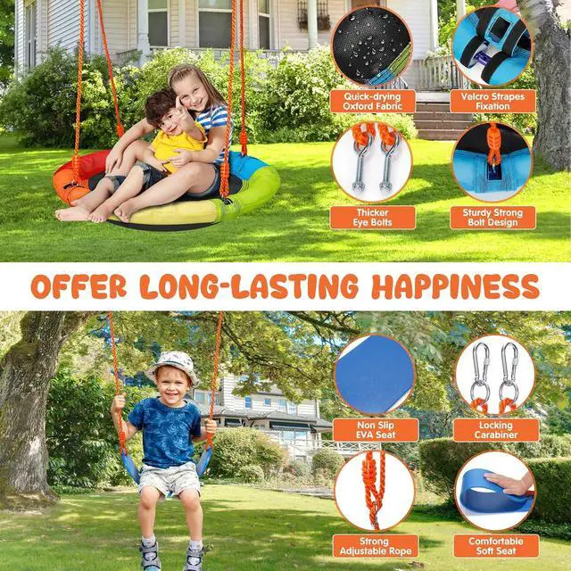 Alt view image 4 of 7 - Swing Sets for Backyard, 3 Seats with Saucer, Belt and Disc Swing | 3 stations for larger families: 32" saucer, 26" belt seat, tree disc swing, 124.4" width, galvanized steel.