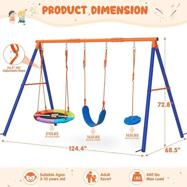 Alt view image 6 of 7 - Swing Sets for Backyard, 3 Seats with Saucer, Belt and Disc Swing | 3 stations for larger families: 32" saucer, 26" belt seat, tree disc swing, 124.4" width, galvanized steel.