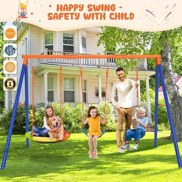 Alt view image 7 of 7 - Swing Sets for Backyard, 3 Seats with Saucer, Belt and Disc Swing | 3 stations for larger families: 32" saucer, 26" belt seat, tree disc swing, 124.4" width, galvanized steel.