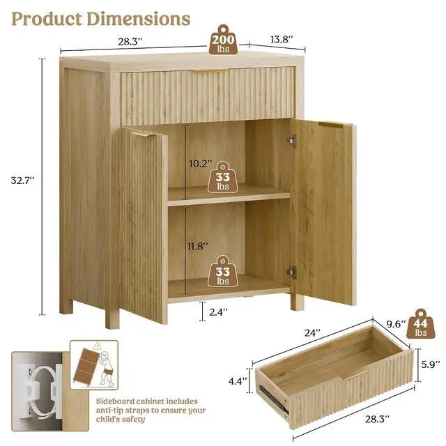 Alt view image 2 of 6 - Fluted Buffet Cabinet for Kitchen, 28.3" Sideboard Cabinet Natural | Adjustable Shelves, Quiet Full-Extension Slides, Curved Metal Handle, Coffee Bar with Drawers for Dining Room, Entryway