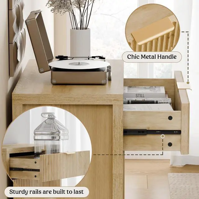 Alt view image 3 of 6 - Fluted Buffet Cabinet for Kitchen, 28.3" Sideboard Cabinet Natural | Adjustable Shelves, Quiet Full-Extension Slides, Curved Metal Handle, Coffee Bar with Drawers for Dining Room, Entryway