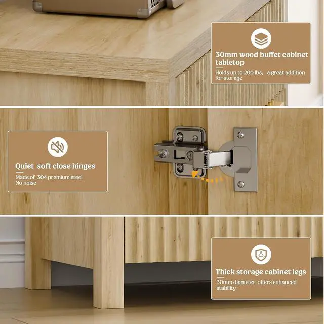 Alt view image 4 of 6 - Fluted Buffet Cabinet for Kitchen, 28.3" Sideboard Cabinet Natural | Adjustable Shelves, Quiet Full-Extension Slides, Curved Metal Handle, Coffee Bar with Drawers for Dining Room, Entryway